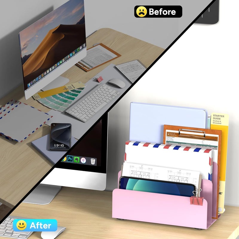 OUTIOE Mail Organizer Countertop, Small Desk File Organizer, Metal File Holder - Essential Workspace Organizers for Office Desk, Home Office (Pink) - Image 2